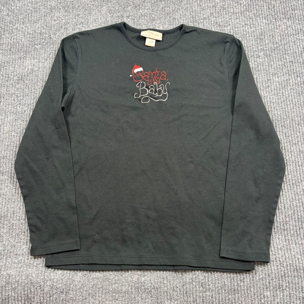 M&C Sportswear Shirt Womens L Santa Baby Christmas Long Sleeve T-Shirt Black